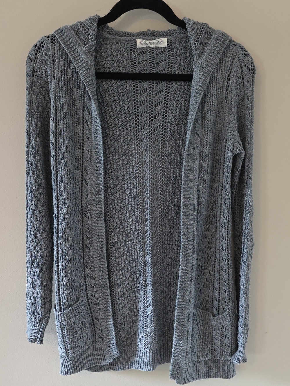 Pink Rose Light Gray Hooded Open-Front Knit Cardigan
